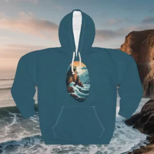 Hoodie featuring a coastal design with waves crashing against jagged cliffs under a serene sky.