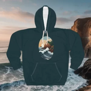 Hoodie featuring a rugged coastal design with waves crashing against cliffs and a serene sunset in the background.