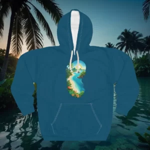 Hoodie with a tropical island design featuring a winding sandy beach, lush greenery, vibrant flowers, and a calm turquoise ocean under a sunny sky.