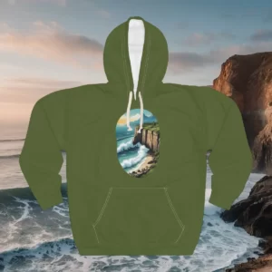 Hoodie featuring a coastal design with waves crashing against tall cliffs under a bright and serene sky.