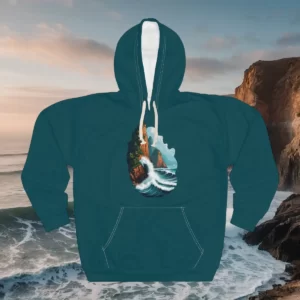 Hoodie featuring a rugged coastal design with waves crashing against dramatic cliffs surrounded by lush greenery under a bright sky.