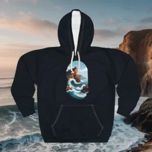 Hoodie featuring a rugged coastal design with waves crashing against rocky cliffs and a dramatic castle perched above under a clear sky.