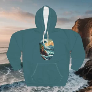 Hoodie featuring a rugged coastal design with crashing waves, jagged cliffs, and a vibrant sunset in the background.