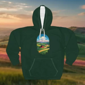 A hoodie featuring a design of a red barn, colorful fields, rolling hills, and a majestic mountain under a partly cloudy sky.