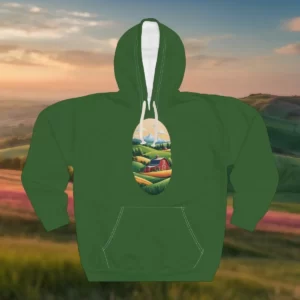 A hoodie featuring a design of a red barn, rolling green hills, colorful fields, and snow-capped mountains under a serene sky.