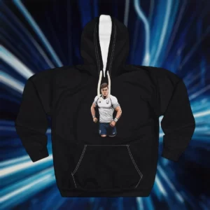 Rugby-themed hoodie featuring a graphic design of a player in a white jersey against a dynamic blue background.