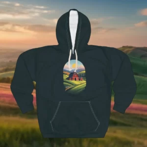 A hoodie featuring an artistic design of a red barn surrounded by rolling green hills, a wooden fence, and a vibrant sunrise in the background.