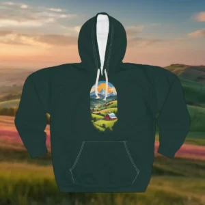 A hoodie featuring a design of a red barn, rolling green hills, a mountain range, and a sunrise in a picturesque countryside setting.