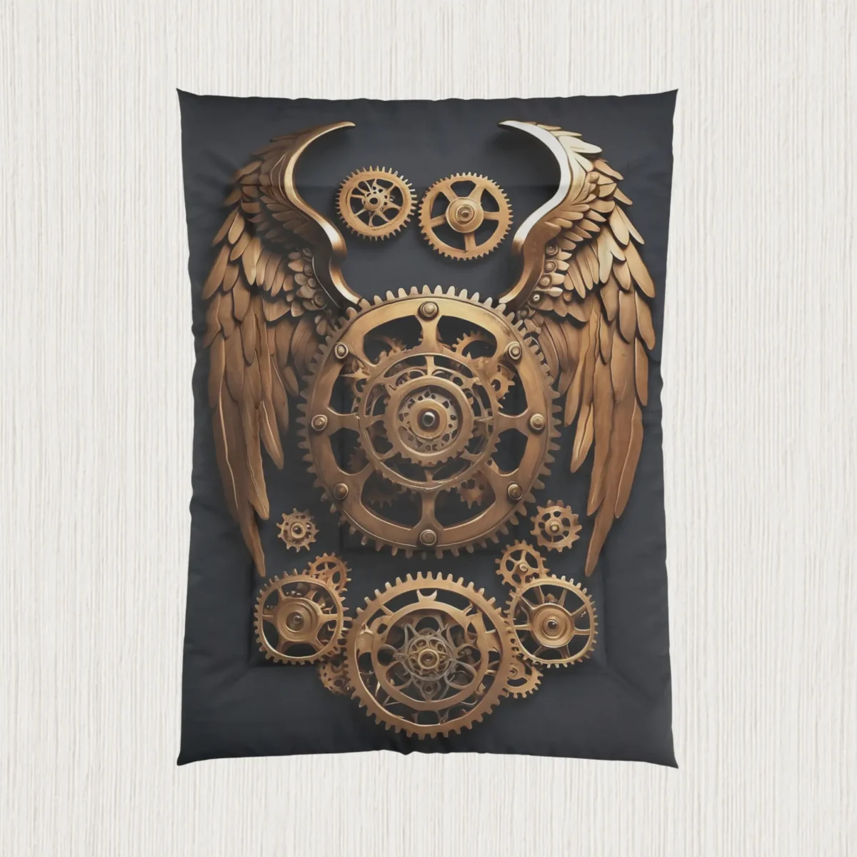 Flat view of black comforter with bronze steampunk angel wings and mechanical gear design