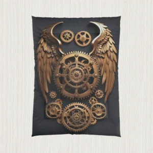 Flat view of black comforter with bronze steampunk angel wings and mechanical gear design