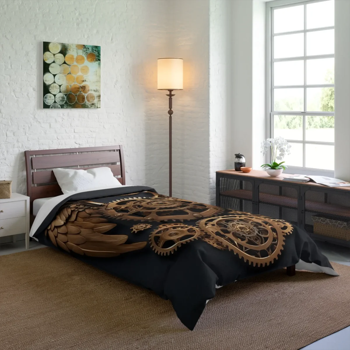 Boy's black comforter featuring a steampunk angel wings and gears design in a modern bedroom setting