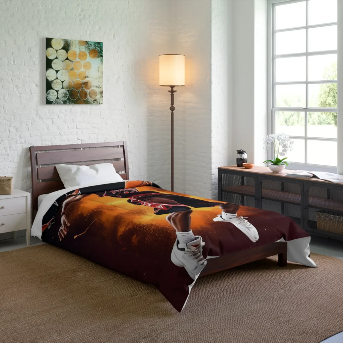Boy's comforter with dynamic basketball player dunking design in dark tones with fiery background