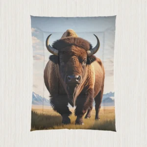 Flat view of comforter featuring a realistic bison standing on a grassy field with a mountain backdrop