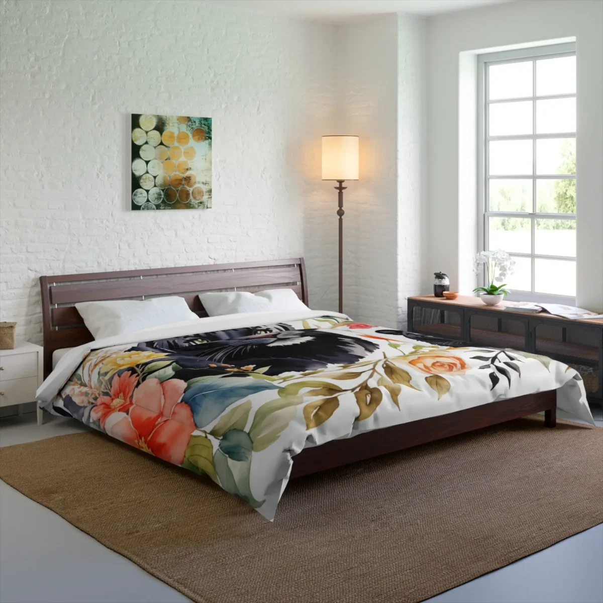 Comforter with black panthers and floral design on a bed in a modern bedroom setting