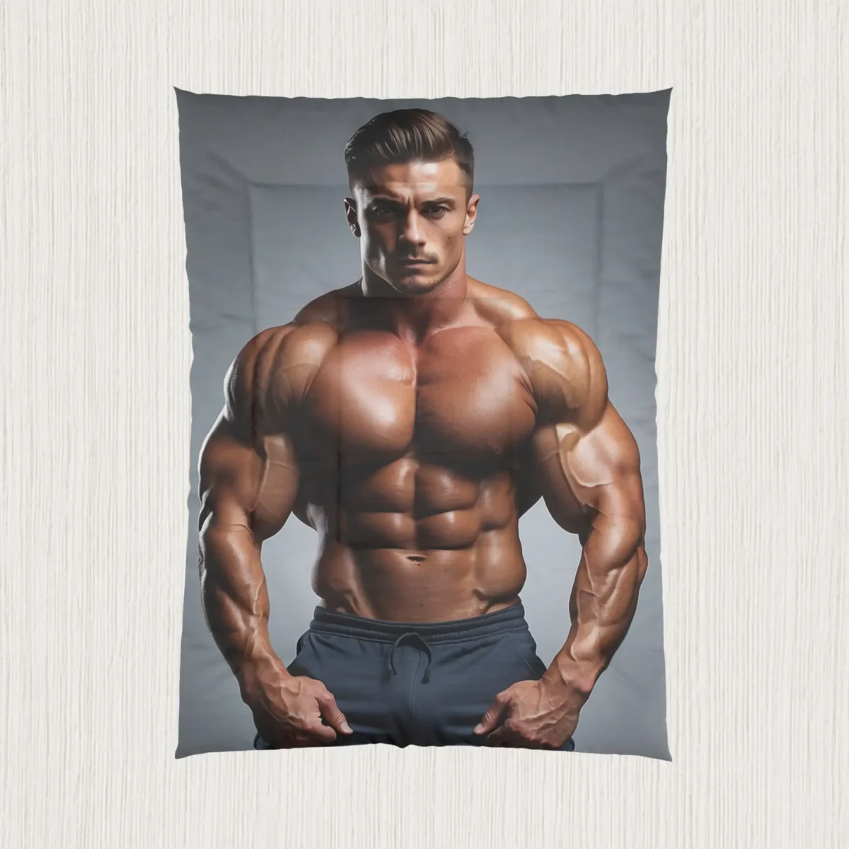Flat view of comforter with realistic muscular bodybuilder design