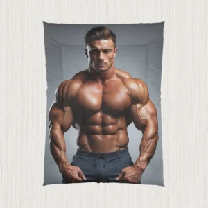 Flat view of comforter with realistic muscular bodybuilder design