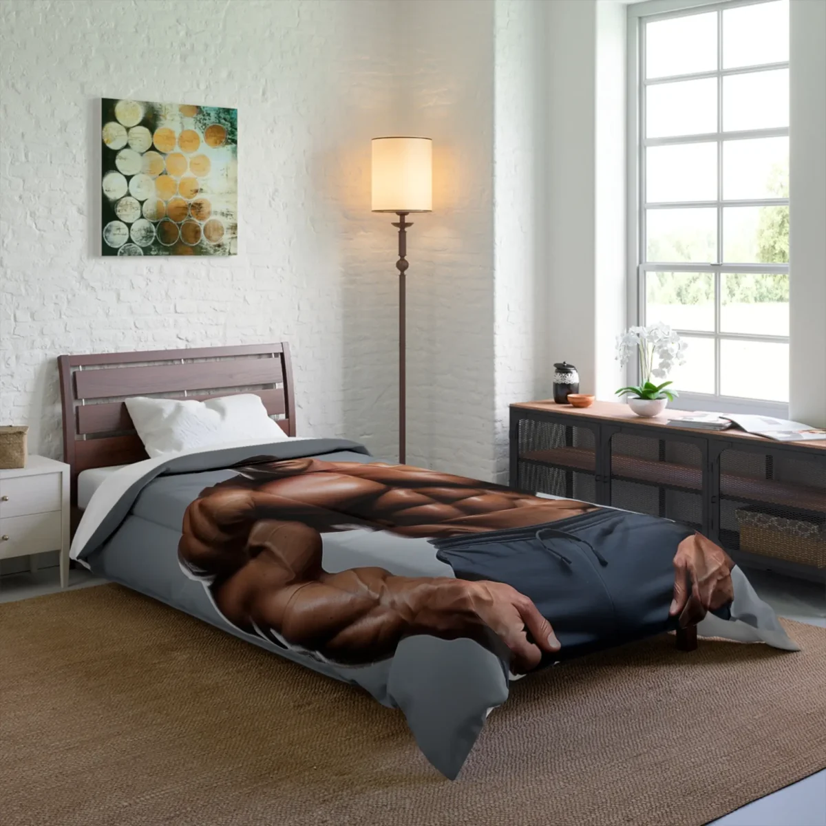 Comforter with hyper-realistic bodybuilder print on a bed in a modern room