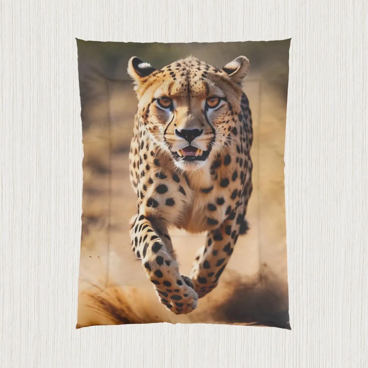 Flat view of comforter featuring a realistic cheetah in motion