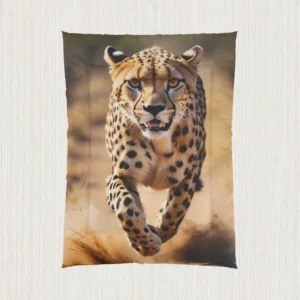 Flat view of comforter featuring a realistic cheetah in motion