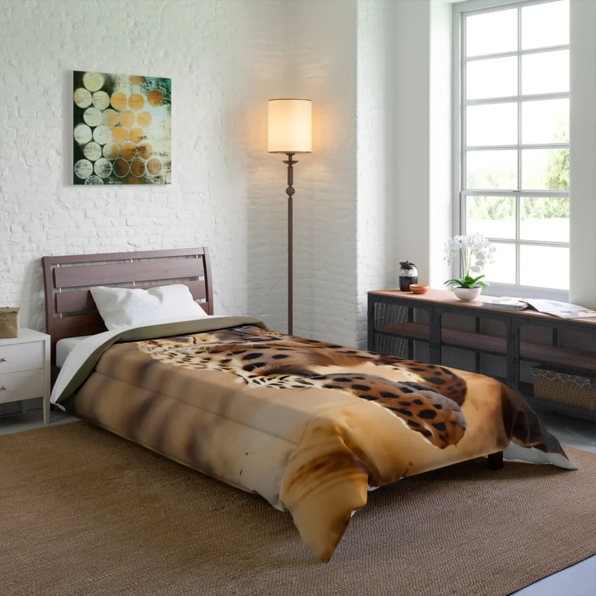 Comforter with running cheetah print on a bed in a modern bedroom