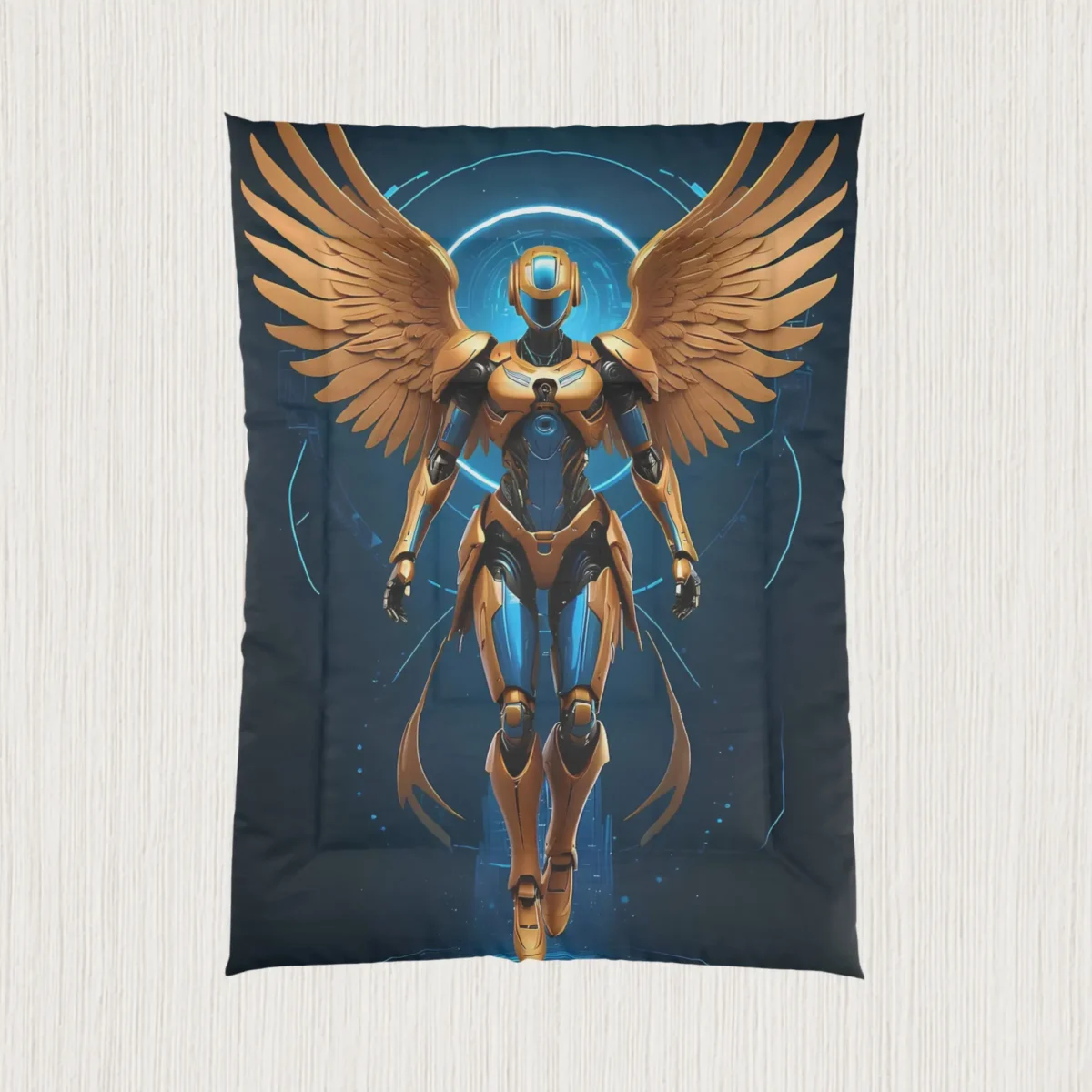 Flat view of a comforter featuring a golden-winged robotic figure with a sci-fi design