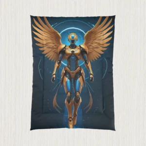 Flat view of a comforter featuring a golden-winged robotic figure with a sci-fi design