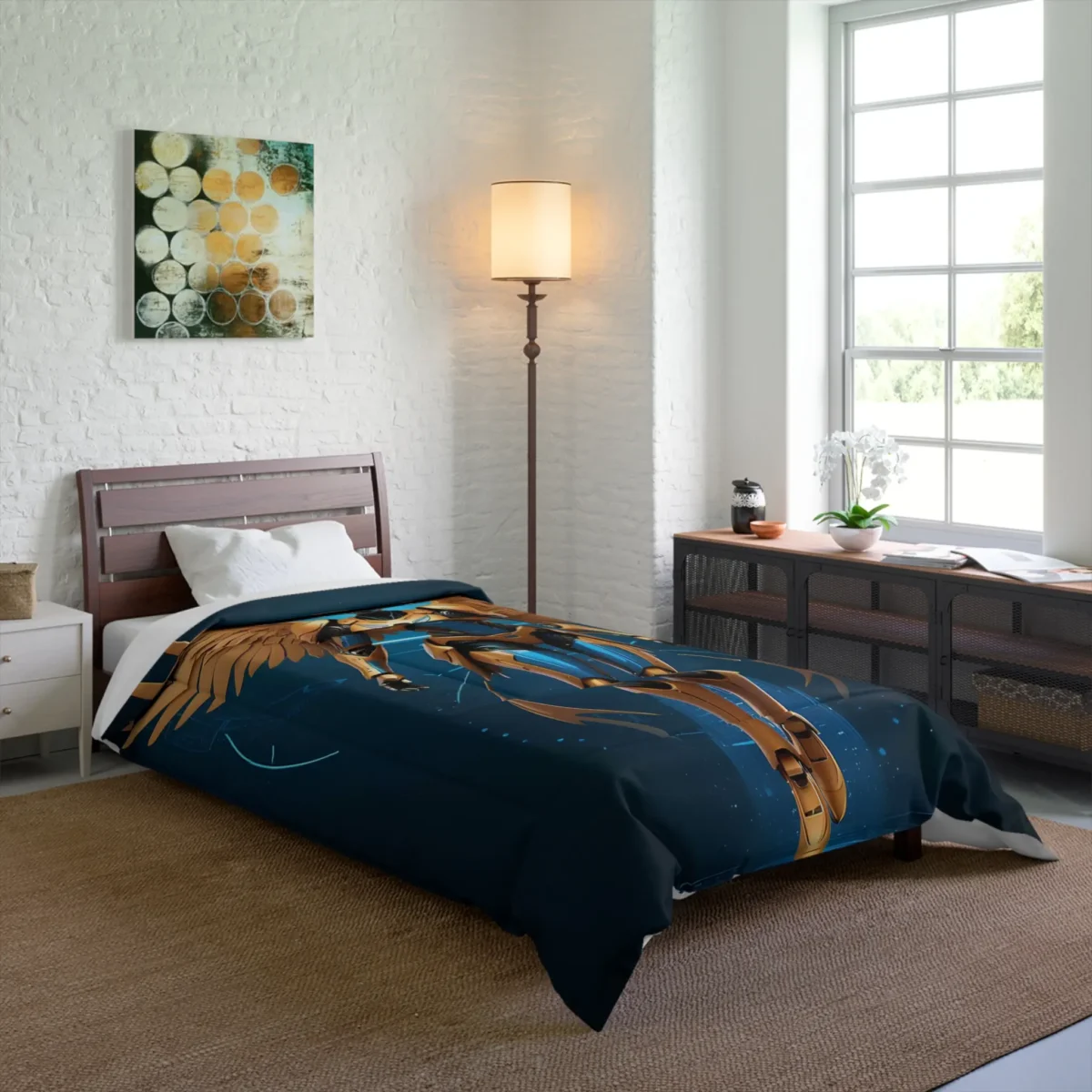 Comforter with futuristic cybernetic winged figure design on a bed in a modern room