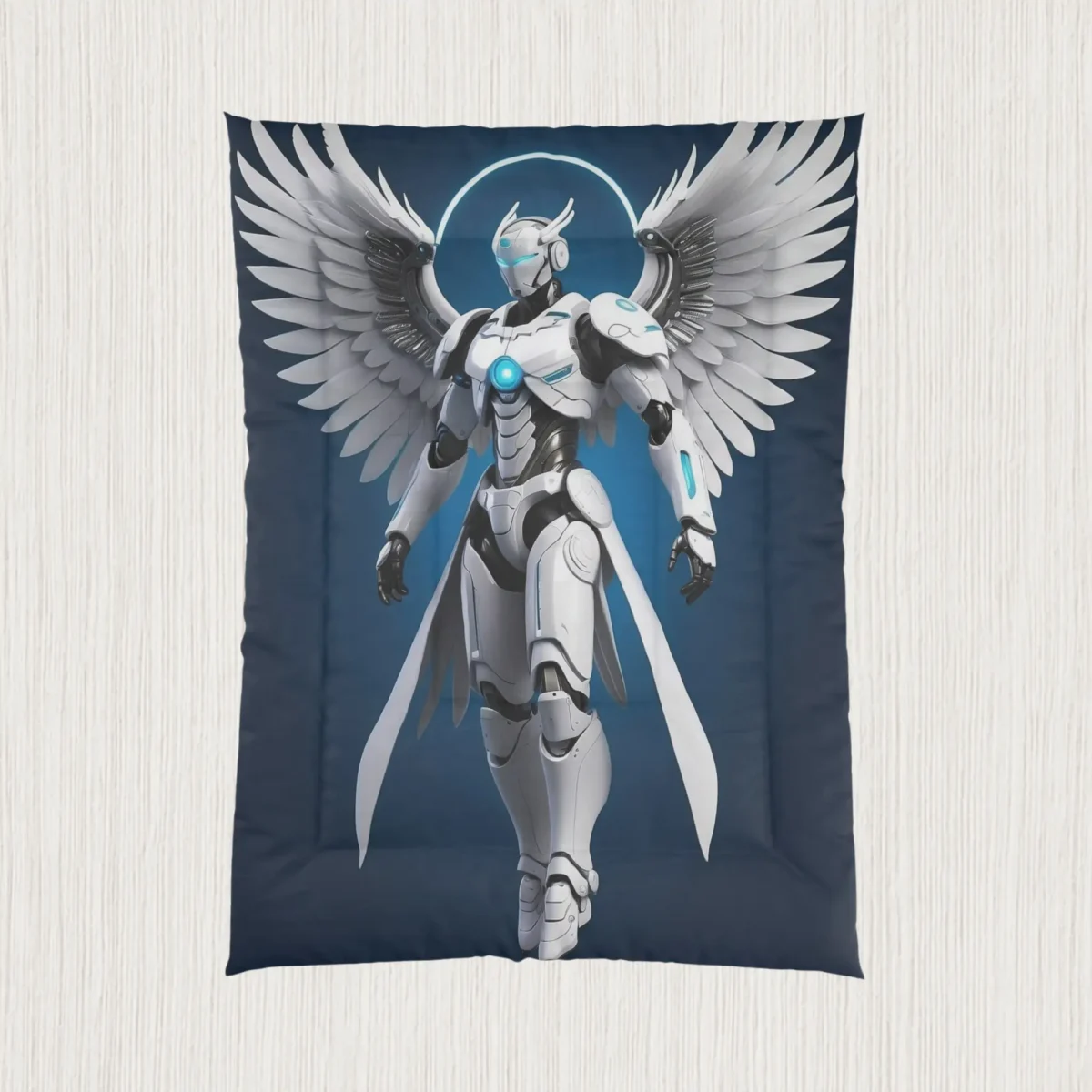 Flat view of comforter featuring a white cybernetic figure with angelic wings and glowing blue details