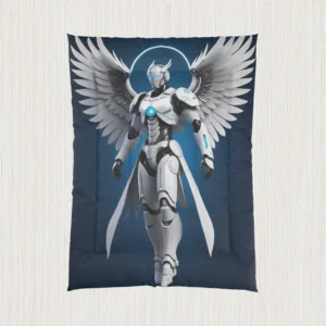 Flat view of comforter featuring a white cybernetic figure with angelic wings and glowing blue details