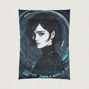 Flat view of comforter with a stylized woman’s digital portrait surrounded by data circuit visuals