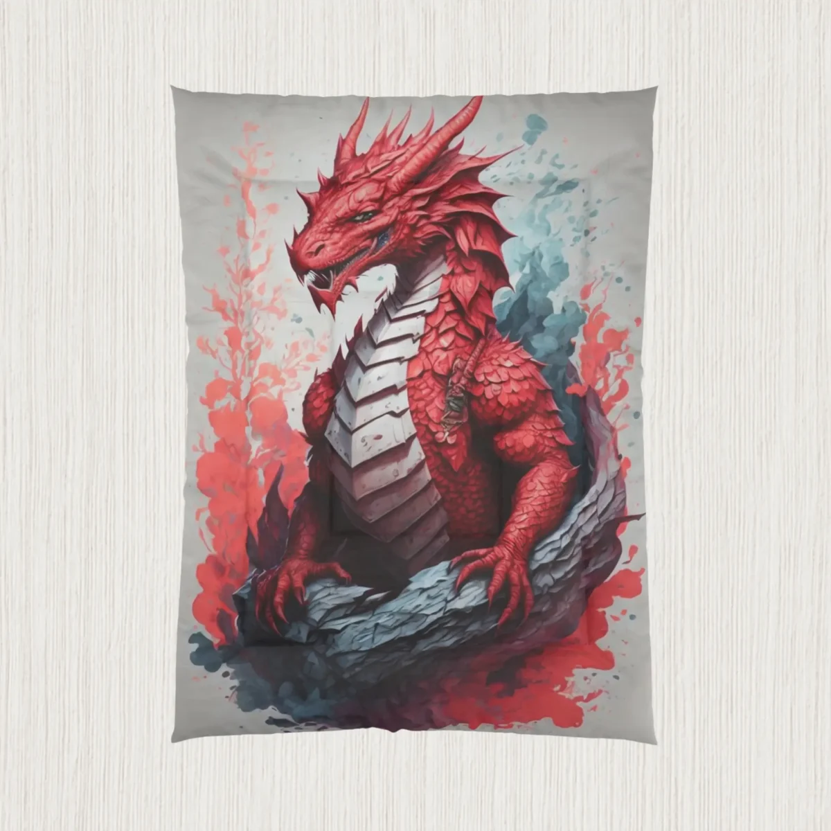 Flat view of a comforter with a vivid red dragon illustration and smoky background