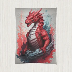 Flat view of a comforter with a vivid red dragon illustration and smoky background