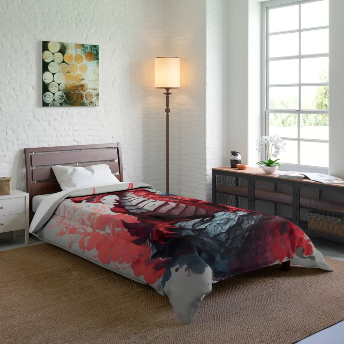 Comforter with a red dragon design on a bed in a modern bedroom