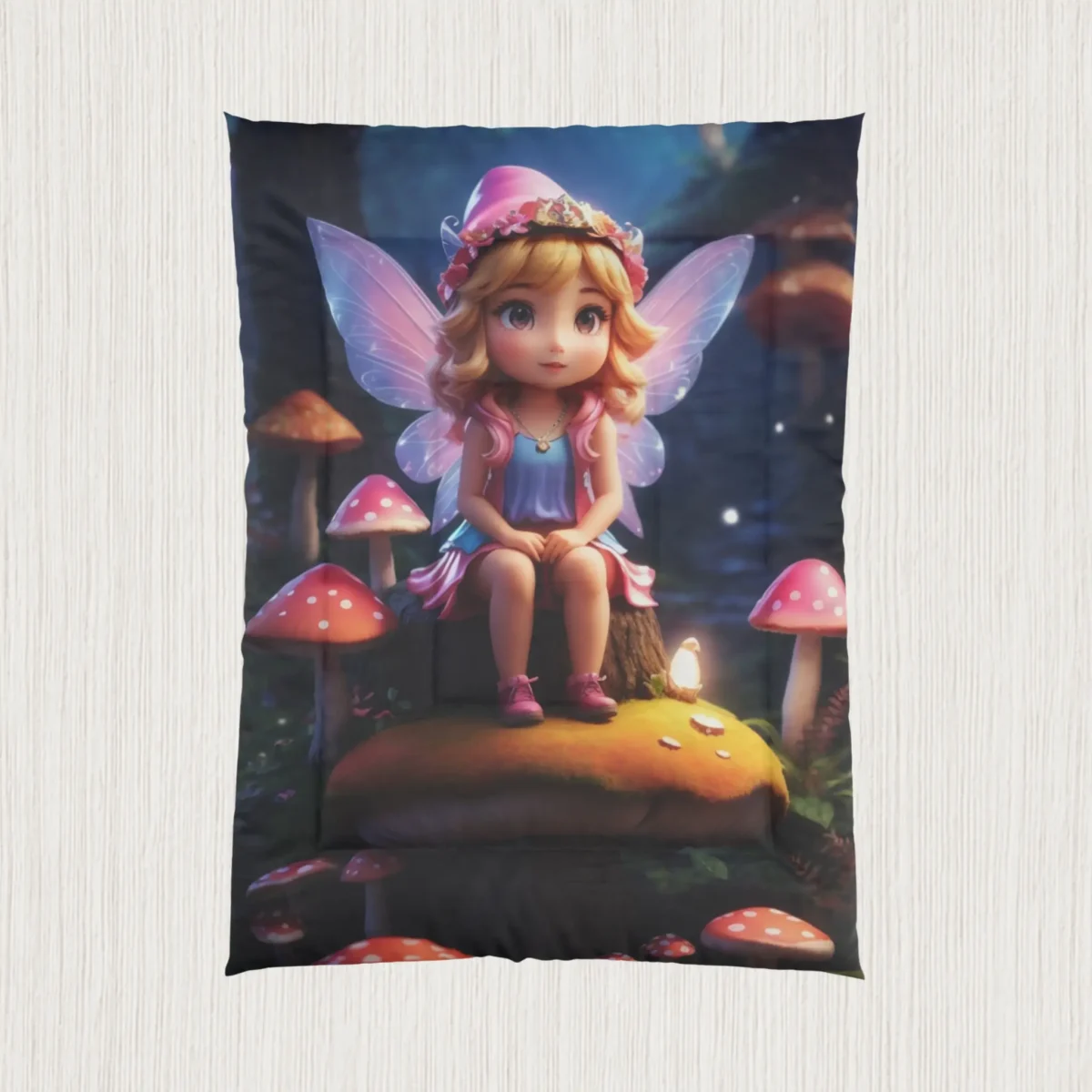 Flat view of a comforter with a fairy character sitting on a glowing mushroom in a forest scene