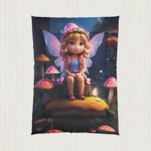Flat view of a comforter with a fairy character sitting on a glowing mushroom in a forest scene