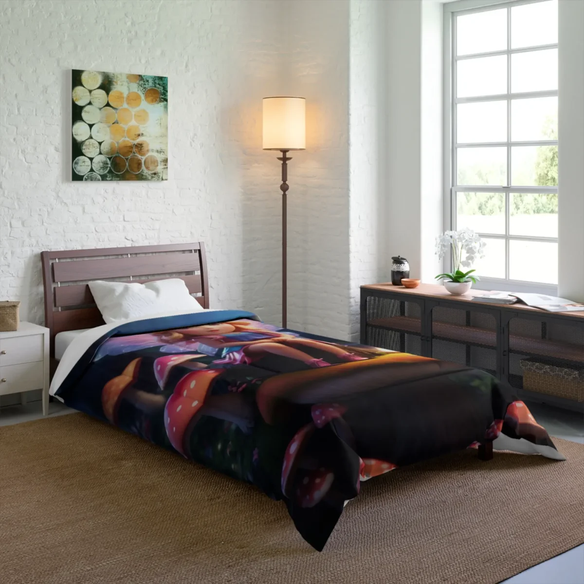 Comforter with a whimsical fairy sitting on a mushroom in a magical forest scene on a bed