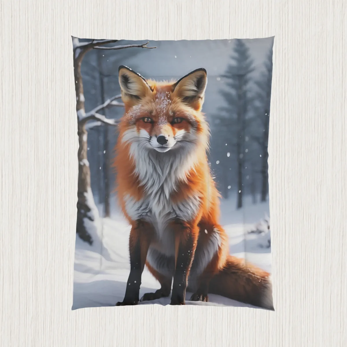 Flat view of comforter with realistic red fox in a snowy woodland background