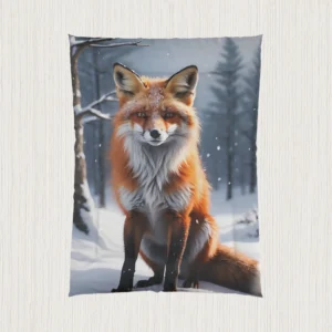 Flat view of comforter with realistic red fox in a snowy woodland background