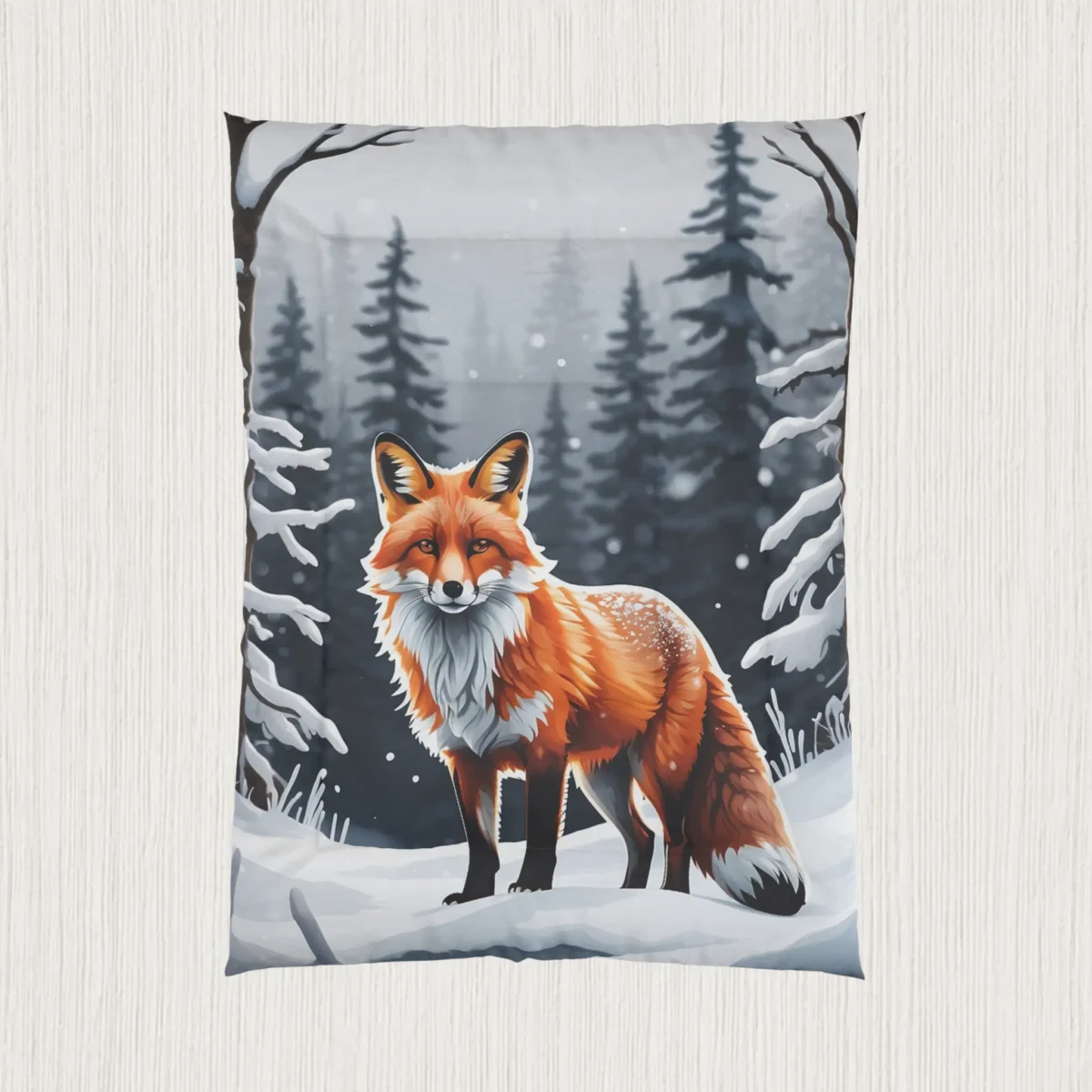 Flat view of a comforter with a stylized red fox in a snow-covered pine forest