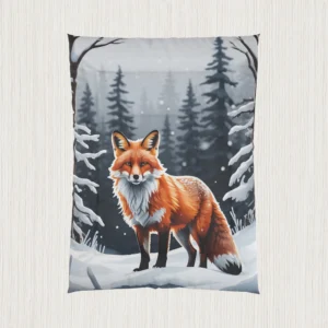 Flat view of a comforter with a stylized red fox in a snow-covered pine forest