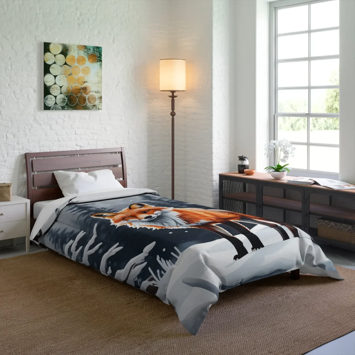 Comforter with an illustrated red fox in a snowy forest scene on a bed