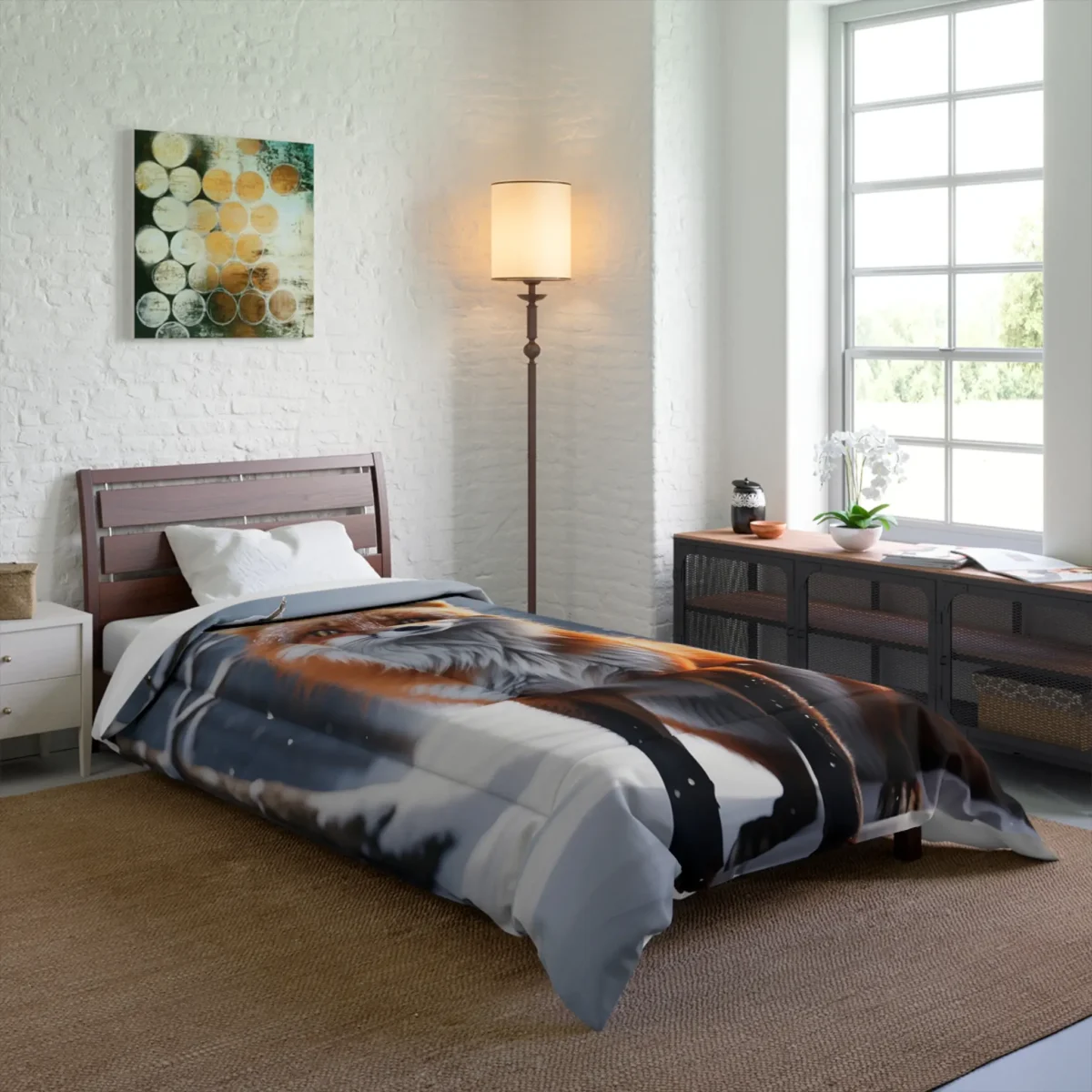 Comforter featuring a realistic red fox sitting in a snowy forest on a bed