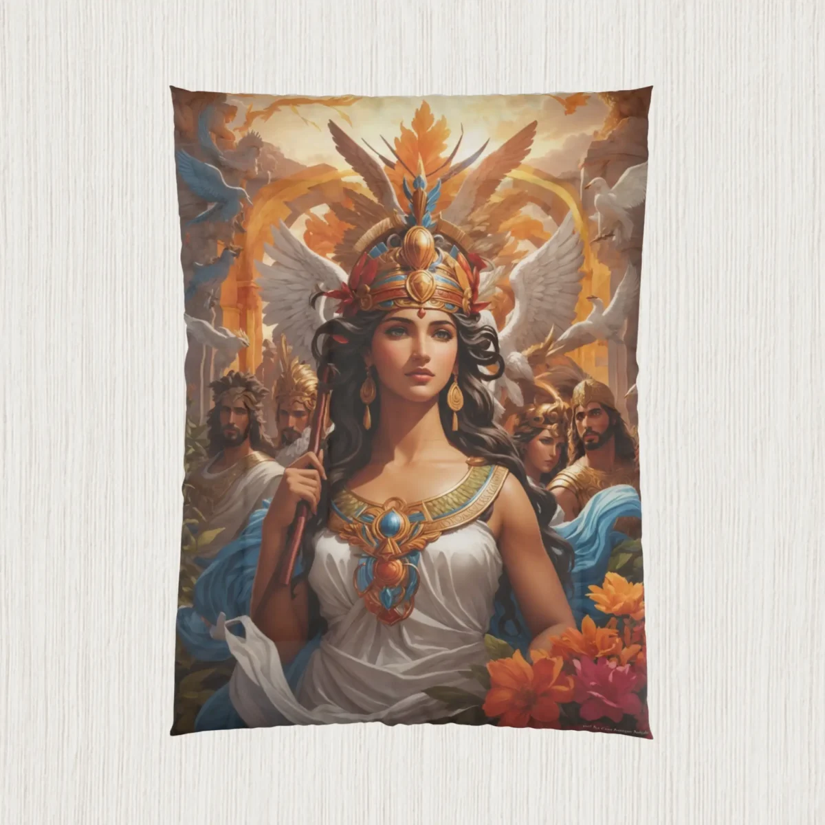 Flat view of a comforter with a Greek mythology-themed illustration featuring a crowned figure and celestial details