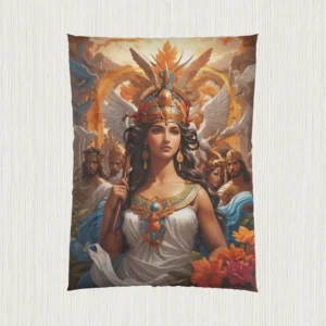 Flat view of a comforter with a Greek mythology-themed illustration featuring a crowned figure and celestial details