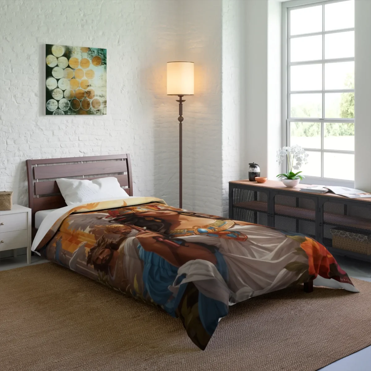 Comforter with a Greek mythology-inspired illustration featuring a regal figure and classical elements on a bed