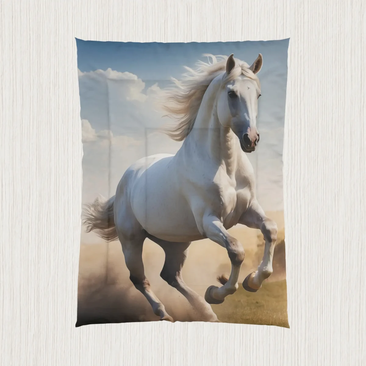 Flat view of a comforter with a realistic white horse running on open terrain