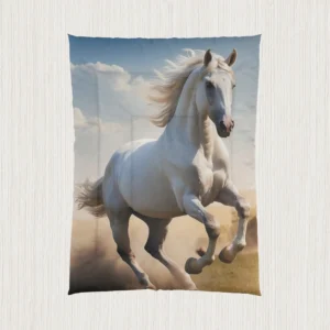 Flat view of a comforter with a realistic white horse running on open terrain