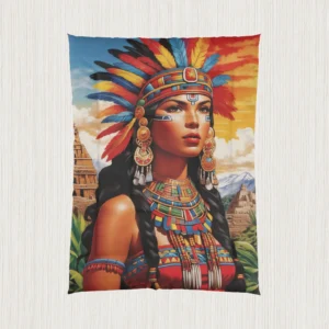 Flat view of a comforter featuring a vibrant Inca-inspired portrait with temples and mountains