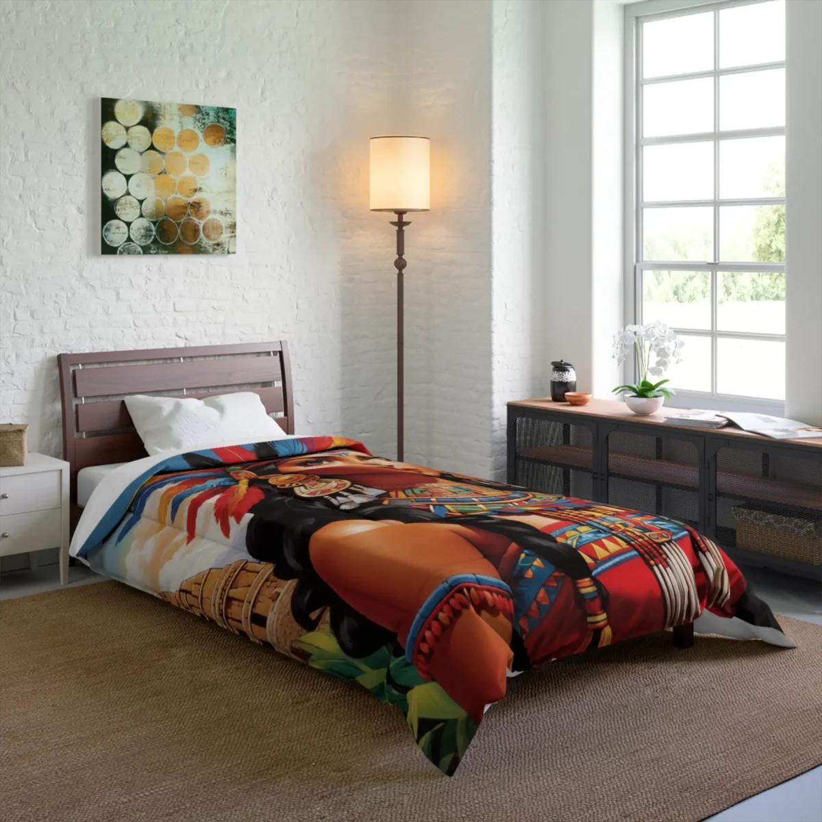 Comforter featuring an Inca-inspired illustration with a regal figure in traditional attire on a bed