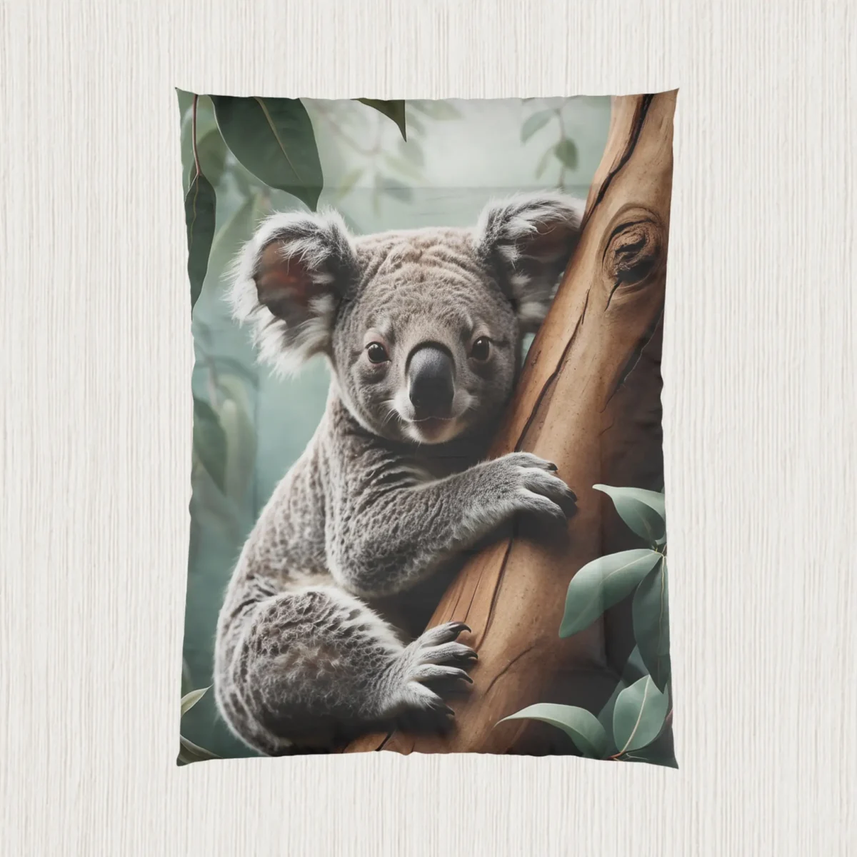 Flat view of a comforter with a realistic koala on a tree and eucalyptus leaves in the background